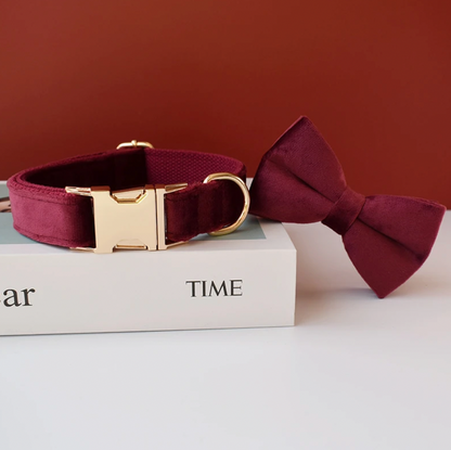 Burgundy Dog Collar, Bow Tie & Matching Leash Set