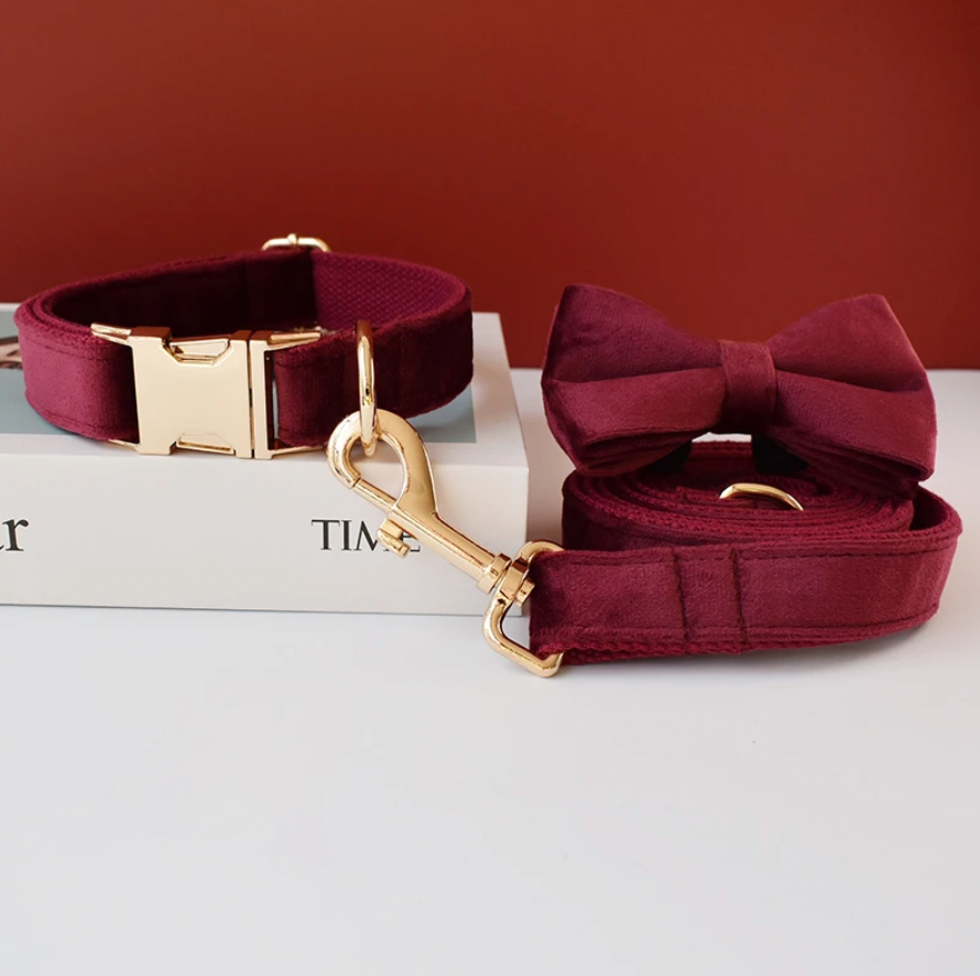 Burgundy Dog Collar, Bow Tie & Matching Leash Set