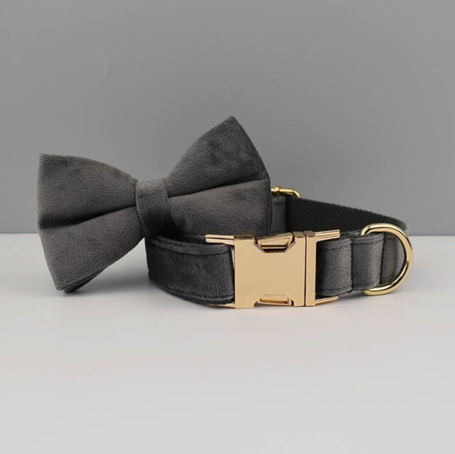 Grey Dog Collar, Bow Tie & Matching Leash Set