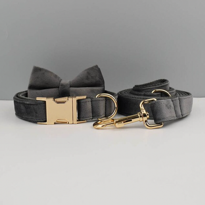 Grey Dog Collar, Bow Tie & Matching Leash Set