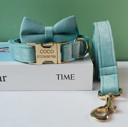 Aqua Dog Collar, Bow Tie & Matching Leash Set