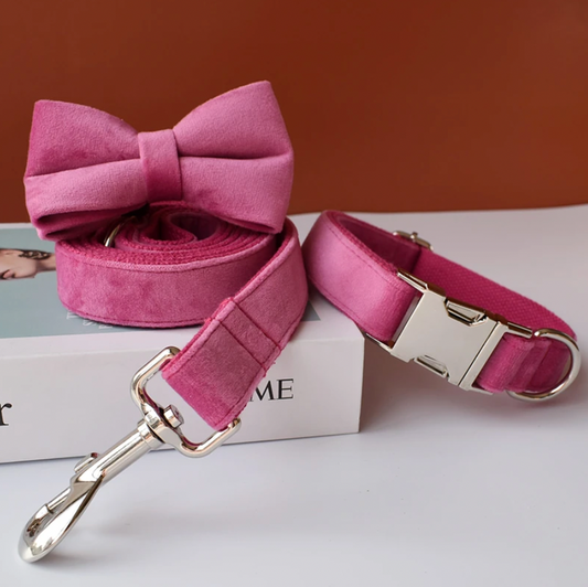 Pink Dog Collar, Bow Tie & Matching Leash Set