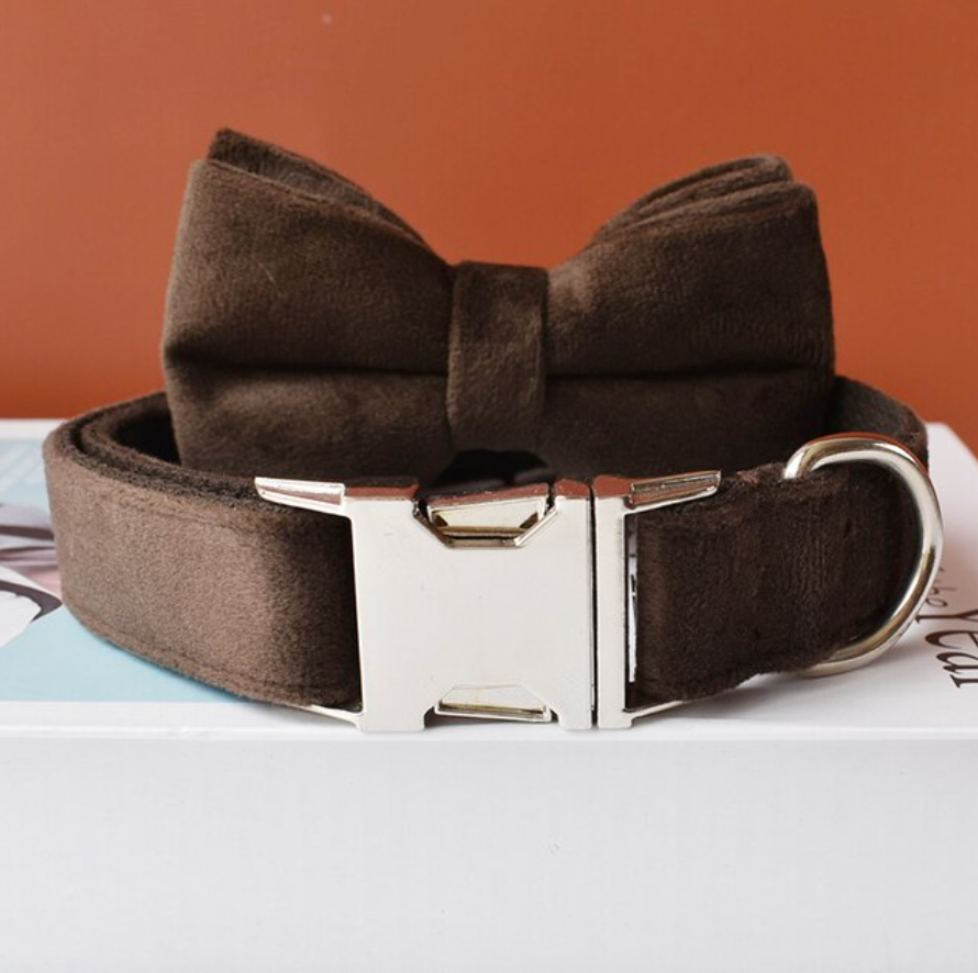 Chocolate Dog Collar, Bow Tie & Matching Leash Set