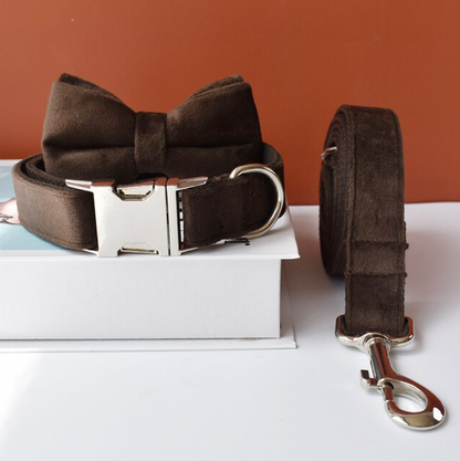 Chocolate Dog Collar, Bow Tie & Matching Leash Set