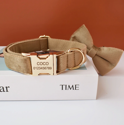 Beige Dog Collar, Bow Tie & Matching Leash Set