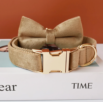 Beige Dog Collar, Bow Tie & Matching Leash Set