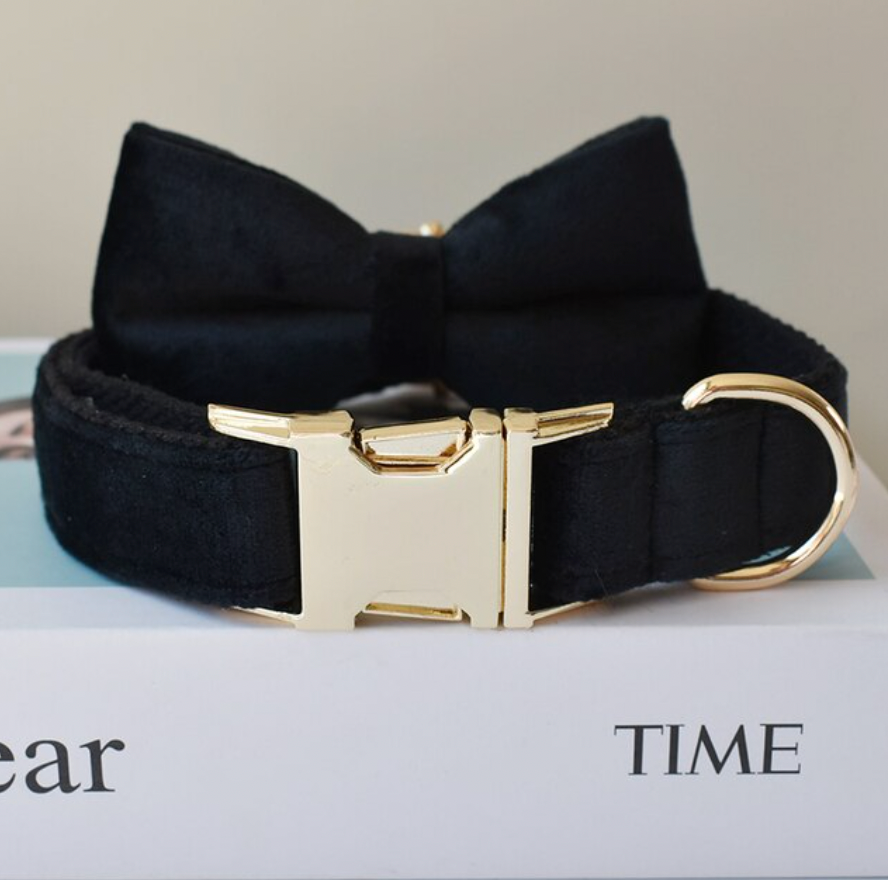 Black Dog Collar, Bow Tie & Matching Leash Set