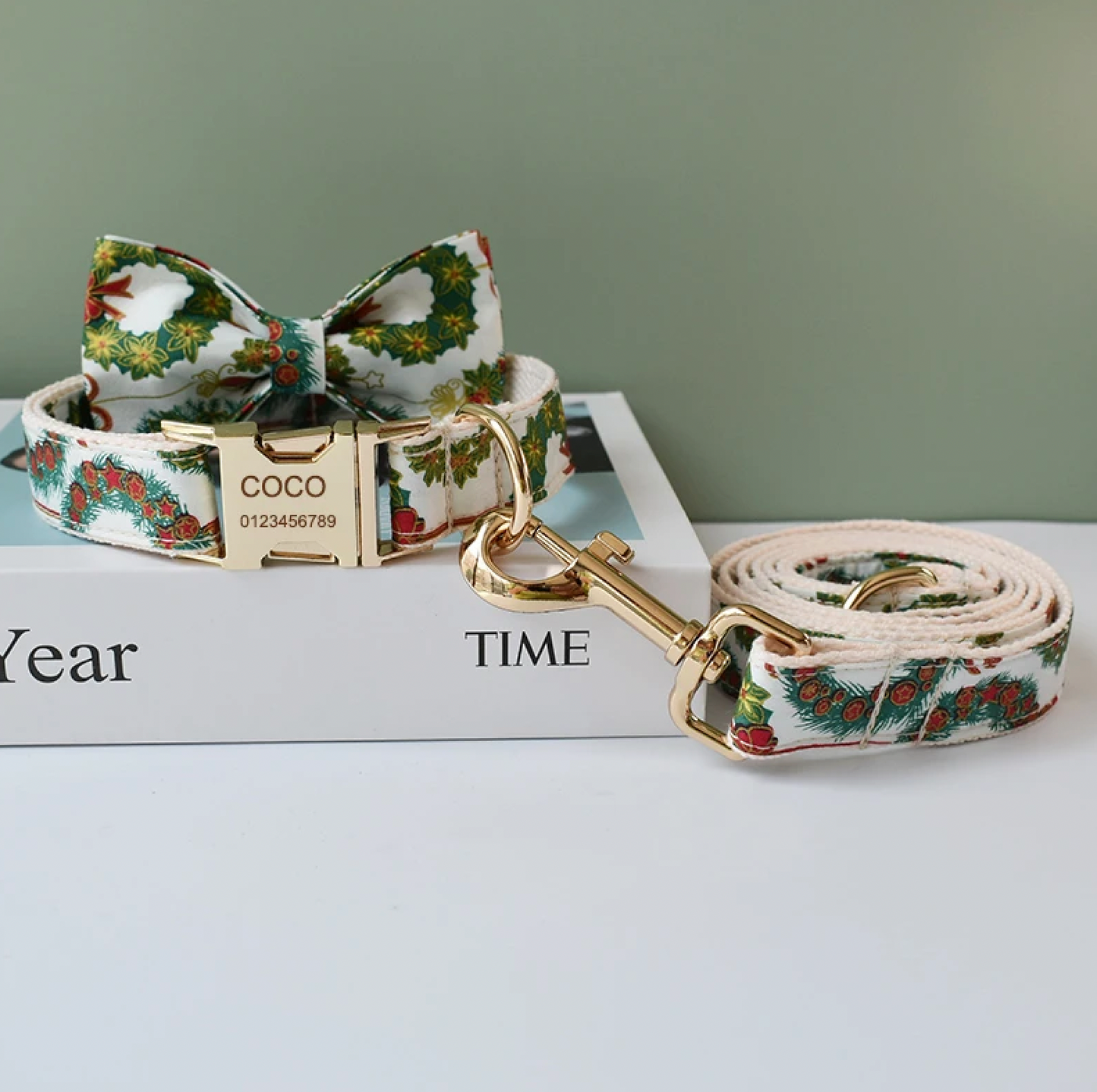 Christmas Dog Collar, Bow Tie & Matching Leash Set