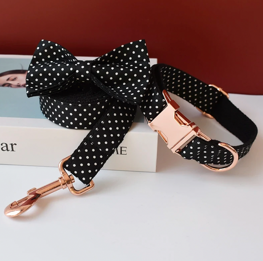 Black Polka Dot Dog Collar, Bow Tie & Matching Leash Set