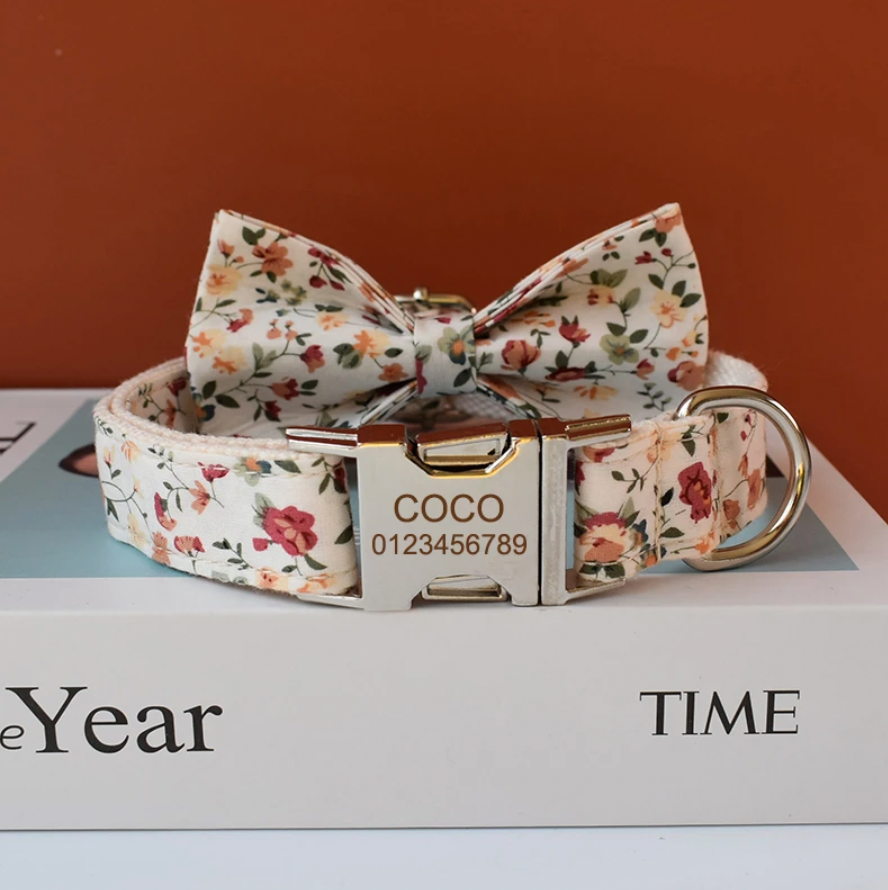 Autumn Flower Garden Dog Collar, Bow Tie & Matching Leash Set