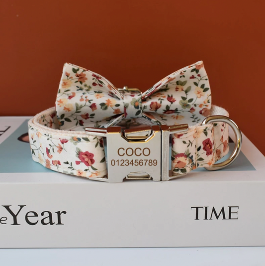 Autumn Flower Garden Dog Collar, Bow Tie & Matching Leash Set