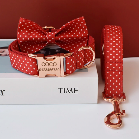 Red Polka Dot Dog Collar, Bow Tie & Matching Leash Set