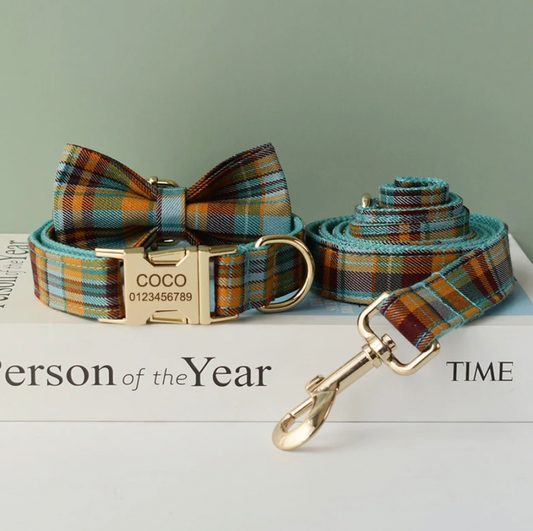 Blue Plaid Dog Collar, Bow Tie & Matching Leash Set