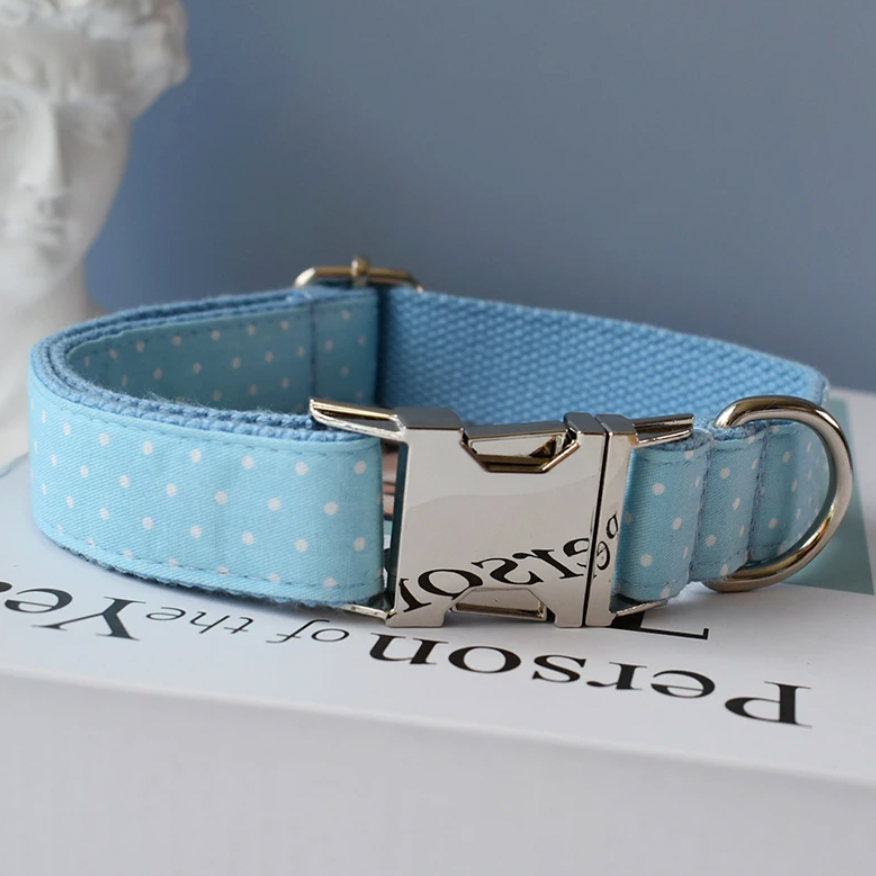 Blue Polka Dot Dog Collar, Bow Tie & Matching Leash Set