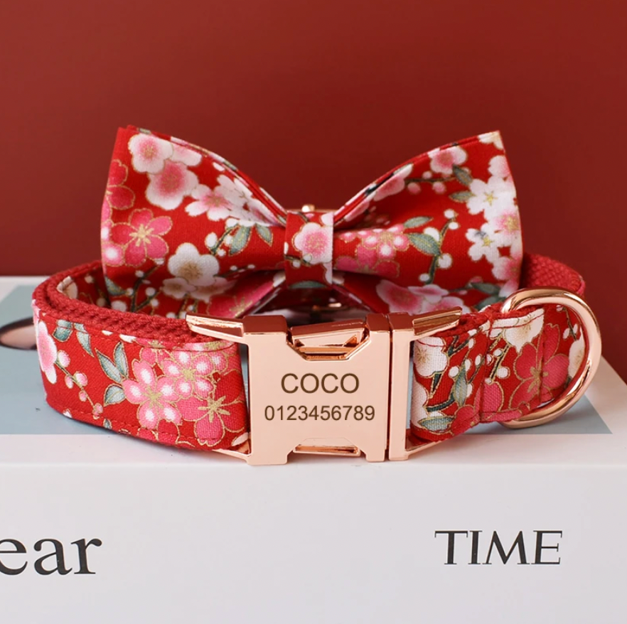 Cherry Blossom Dog Collar, Bow Tie & Matching Leash Set