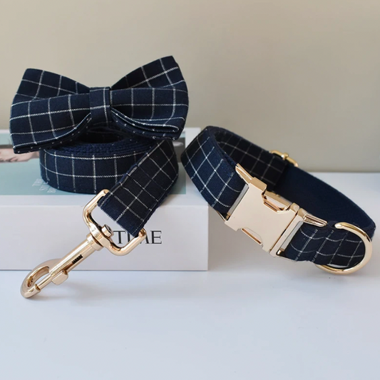 Navy Checks Dog Collar, Bow Tie & Matching Leash Set