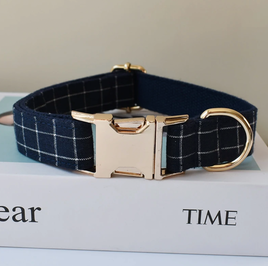 Navy Checks Dog Collar, Bow Tie & Matching Leash Set