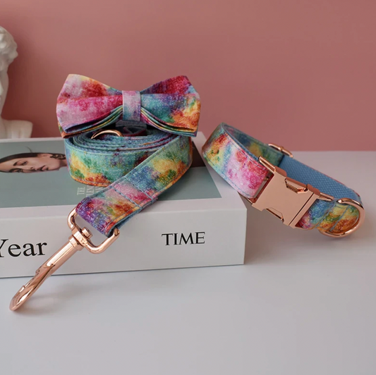 Blue Rainbow Dog Collar, Bow Tie & Matching Leash Set