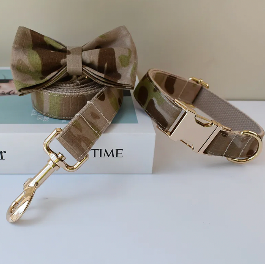 Camo Sand Dog Collar, Bow Tie & Matching Leash Set