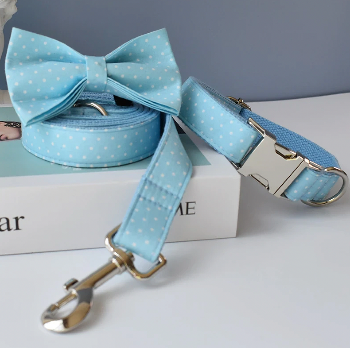 Blue Polka Dot Dog Collar, Bow Tie & Matching Leash Set