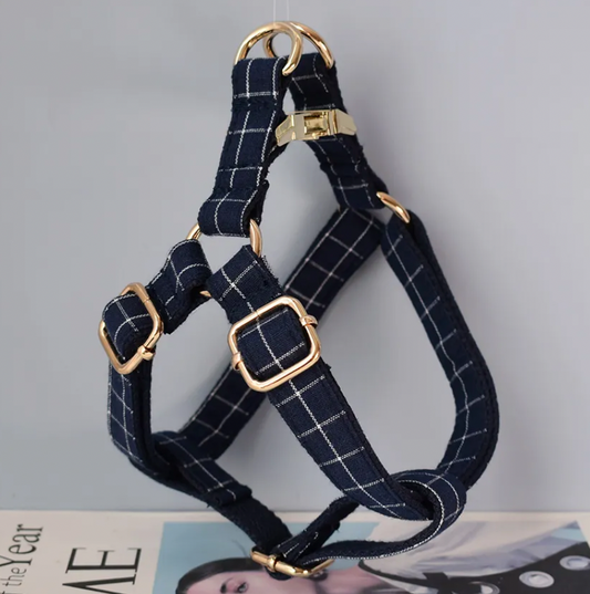 Navy Checks Dog Harness Set