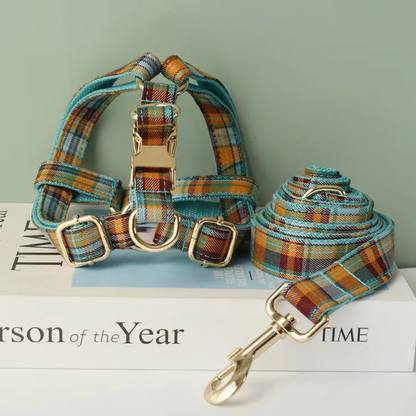 Blue Plaid Dog Harness Set