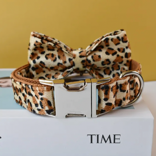 Leopard Dog Collar, Bow Tie & Matching Leash Set