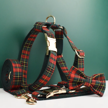 Green Christmas Plaid Dog Harness Set