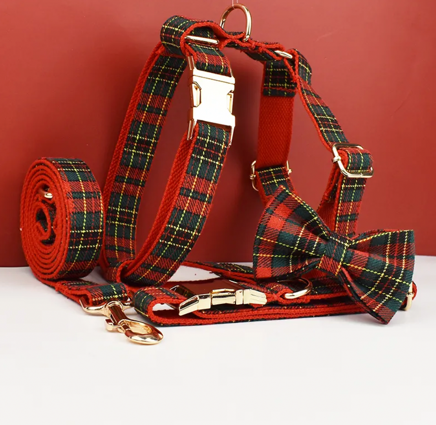 Red Christmas Plaid Dog Harness Set