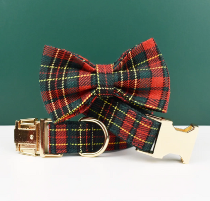 Christmas Green Plaid Dog Collar, Bow Tie & Matching Leash Set