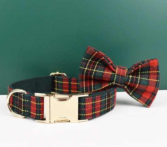 Christmas Green Plaid Dog Collar, Bow Tie & Matching Leash Set