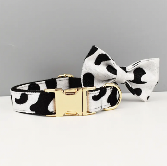 Cow Dog Collar, Bow Tie & Matching Leash Set