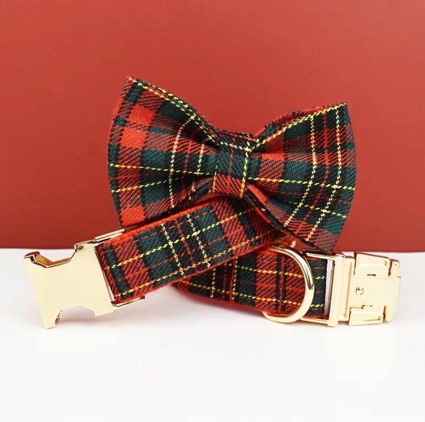 Christmas Red Plaid Dog Collar, Bow Tie & Matching Leash Set