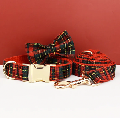 Christmas Red Plaid Dog Collar, Bow Tie & Matching Leash Set